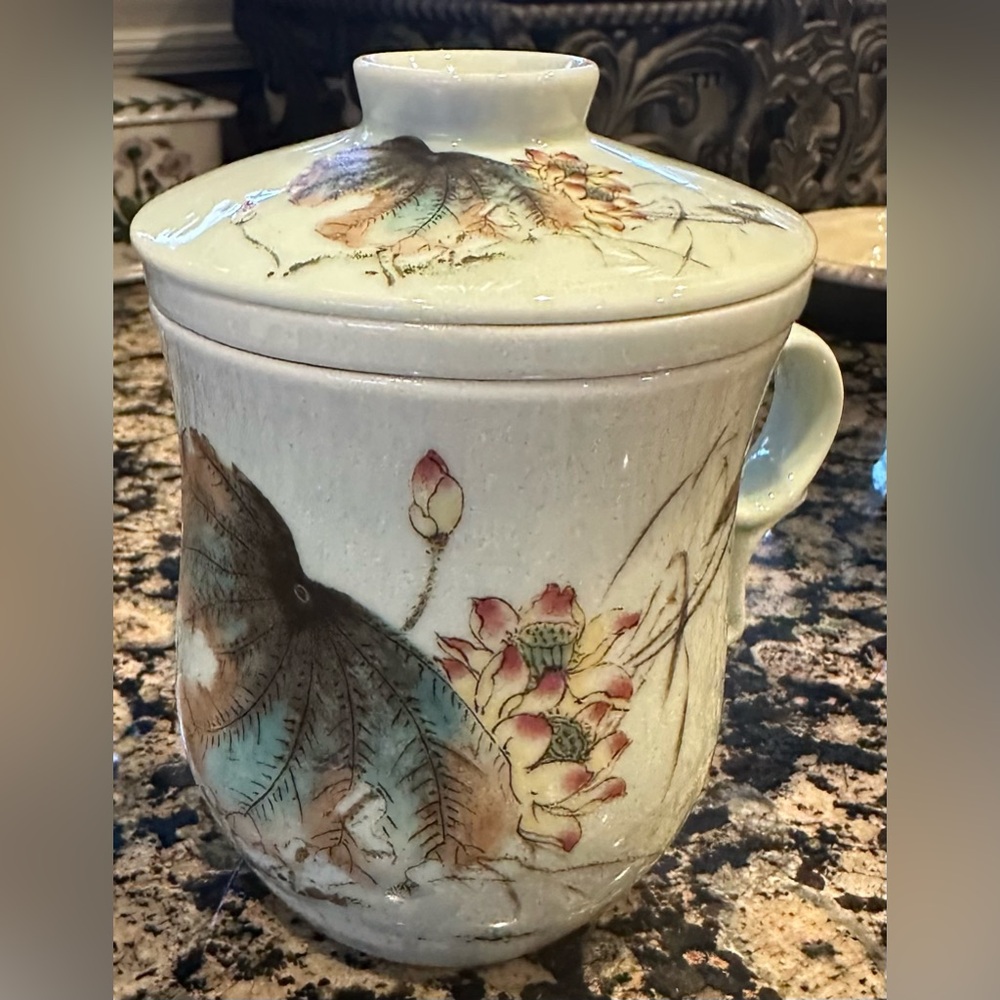 TEAVANA LOTUS porcelain tea cup with strainer and lid EUC